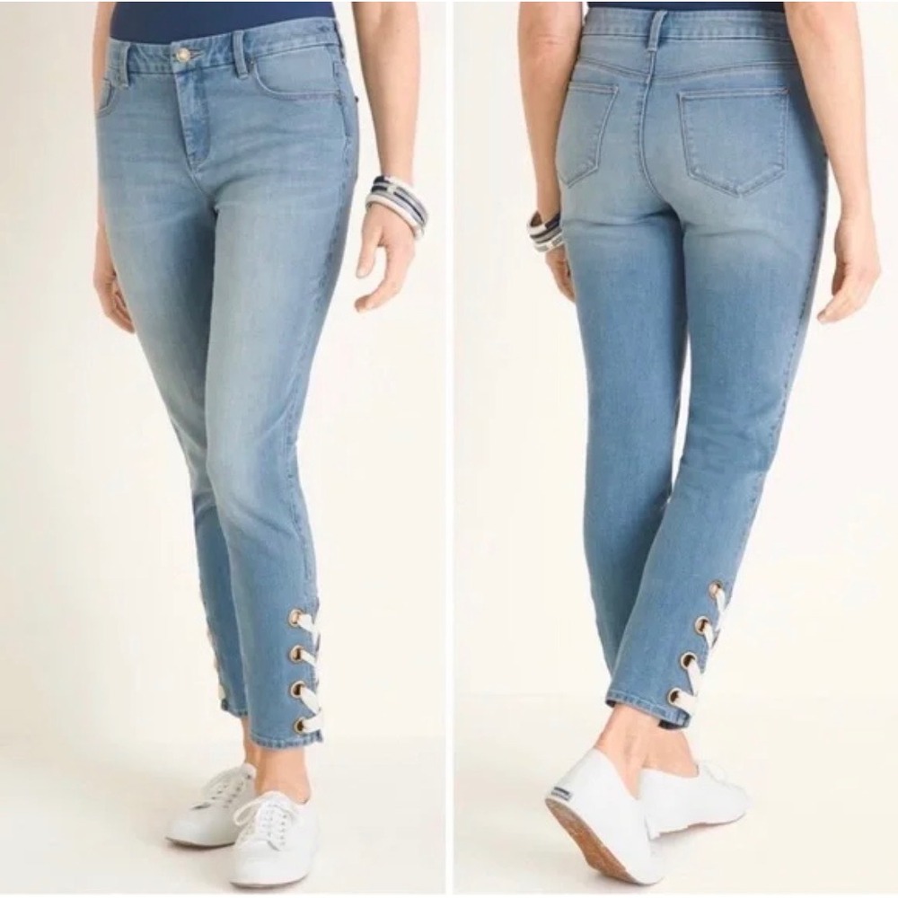 Chico's So‎ Slimming Girlfriend Jeans Womens 1.5 Medium Blue Lace Up Ankle Slim